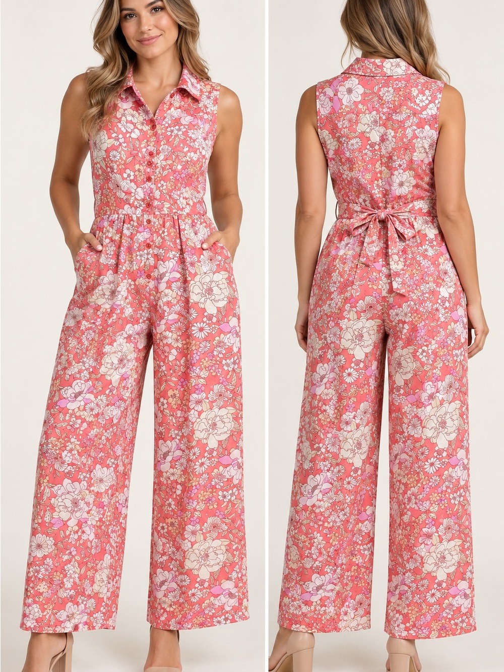 B.O.G Sleeveless Pink Floral Wide-Leg Jumpsuit